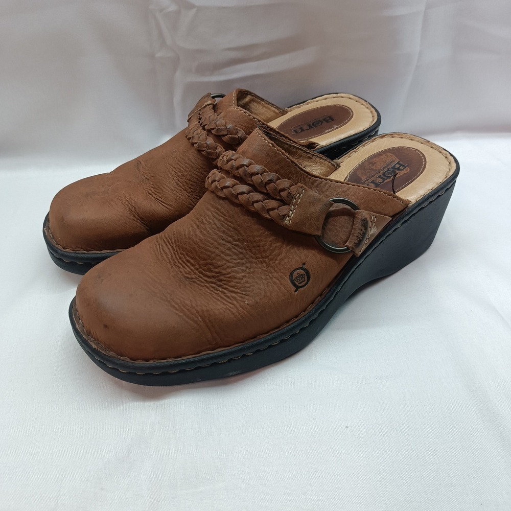 Born Womens Brown Leather Braided Strap Wedge Clogs Mules W6832 Size 9 40.5